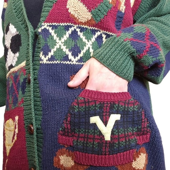 90s Teddy Bear Cardigan Sweater Sports M/L Handknit Football Soccer Cheerleader - Picture 5 of 11